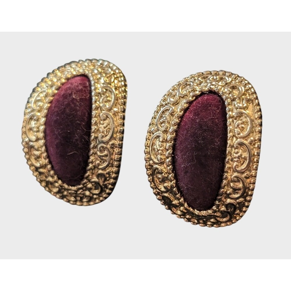 Vintage Clip On Earrings Gold Tone Burgundy Faux Velvet Chunky Statement Ornate